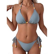 UMIPUBO Womens Triangle String Bikini Set Sexy Halter Two Piece Swimsuit Cheeky Cute Tie Bathing Suit with Colored Beads