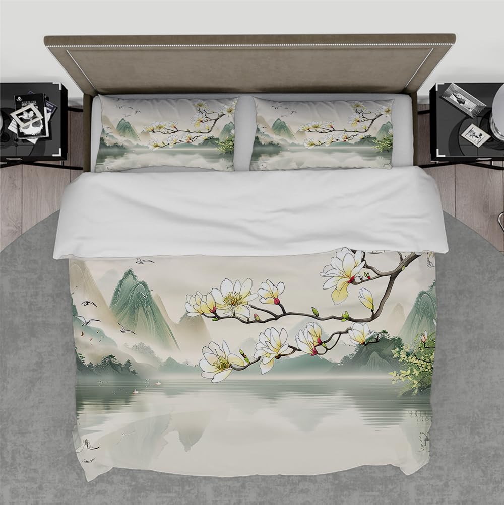 Parure de lit couette chinoise 3 pièces avec motifs magnolia et paysages de nuit