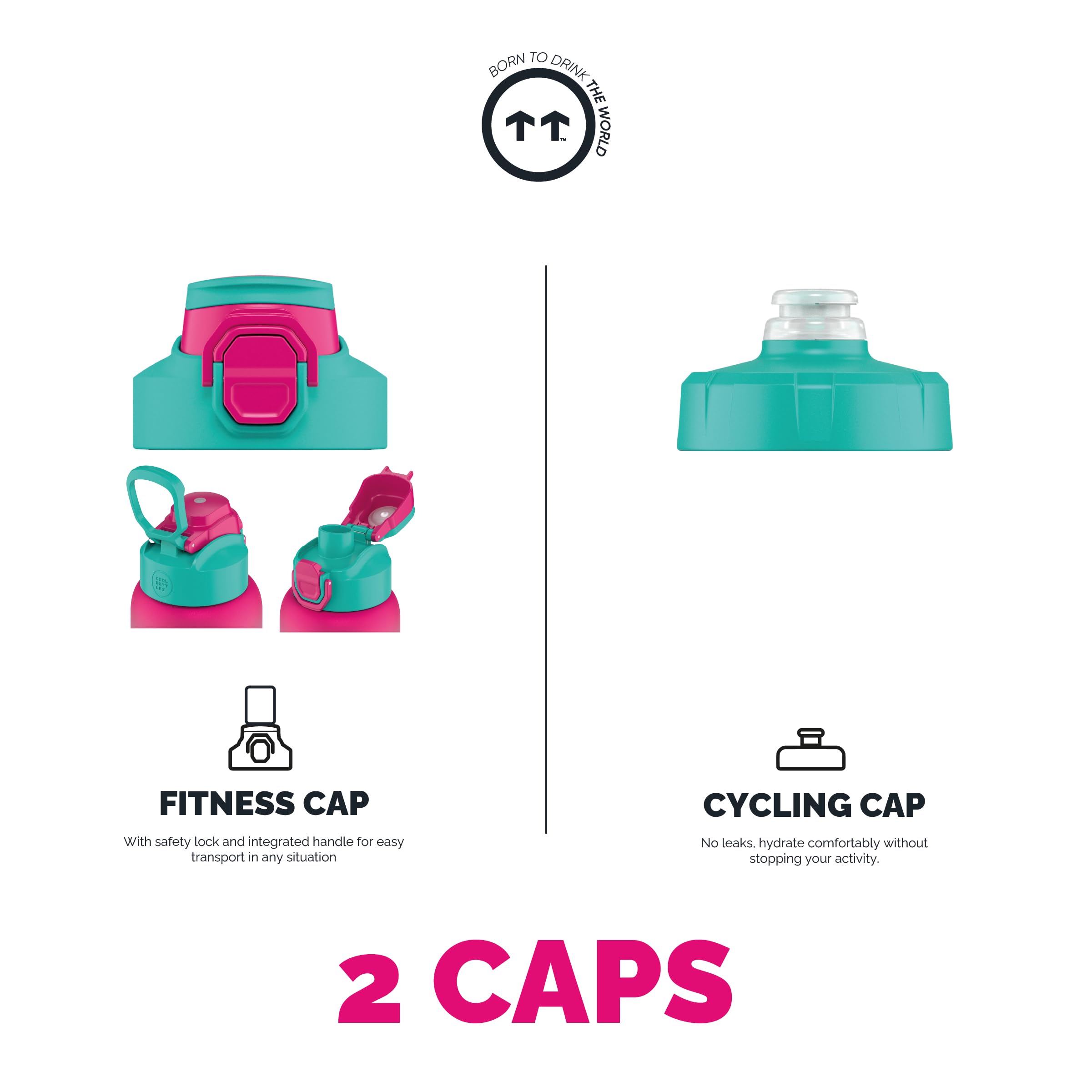 Cool Bottles Botella Térmica Deportiva Acero Inoxidable 725 ml con 2 Tapones (Fitness y Cycling) - Botella Agua para Gimnasio y Deporte - Frío 36h / Caliente 18h - Brisbane