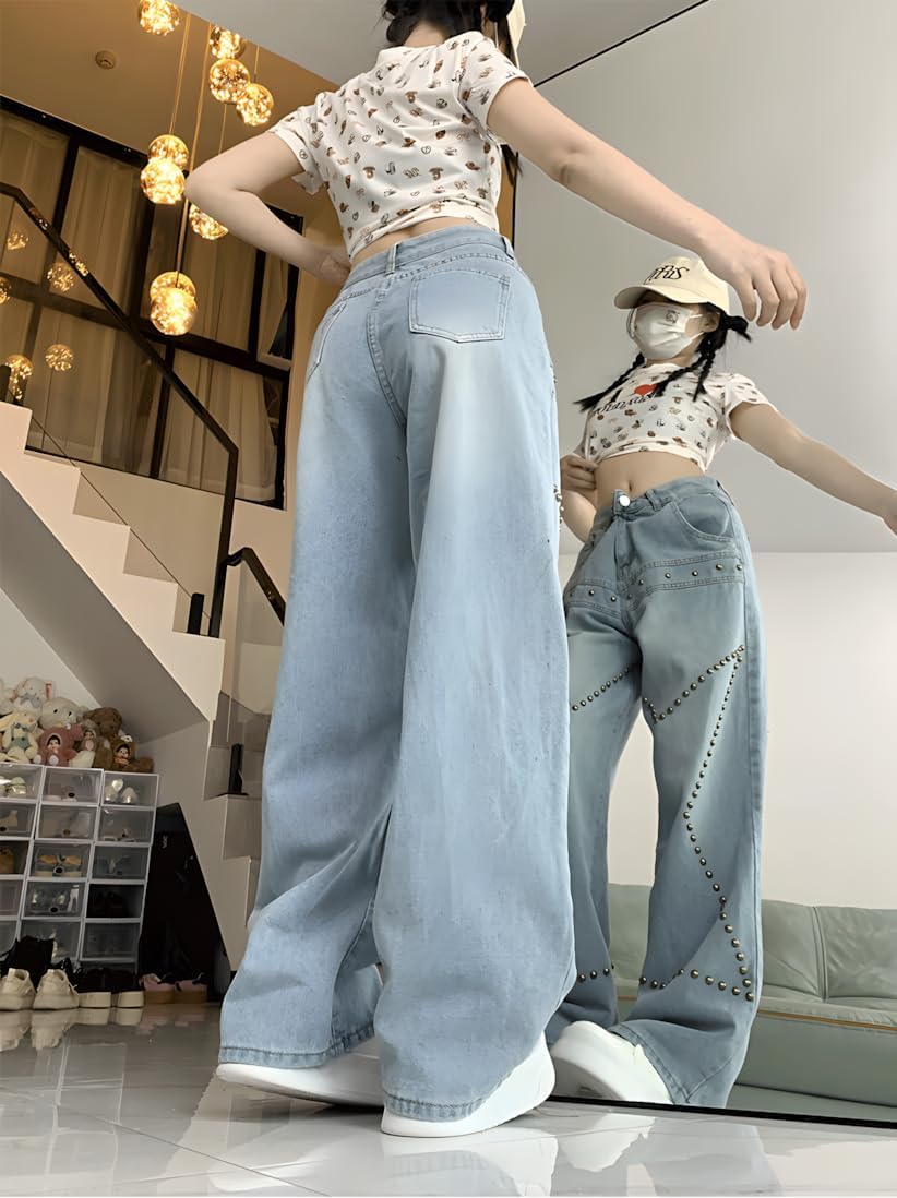 Y2K Gothic Grunge Casual Style High Waist Straight Vintage Star Rivets Decor Wide Leg Jeans - Image 6