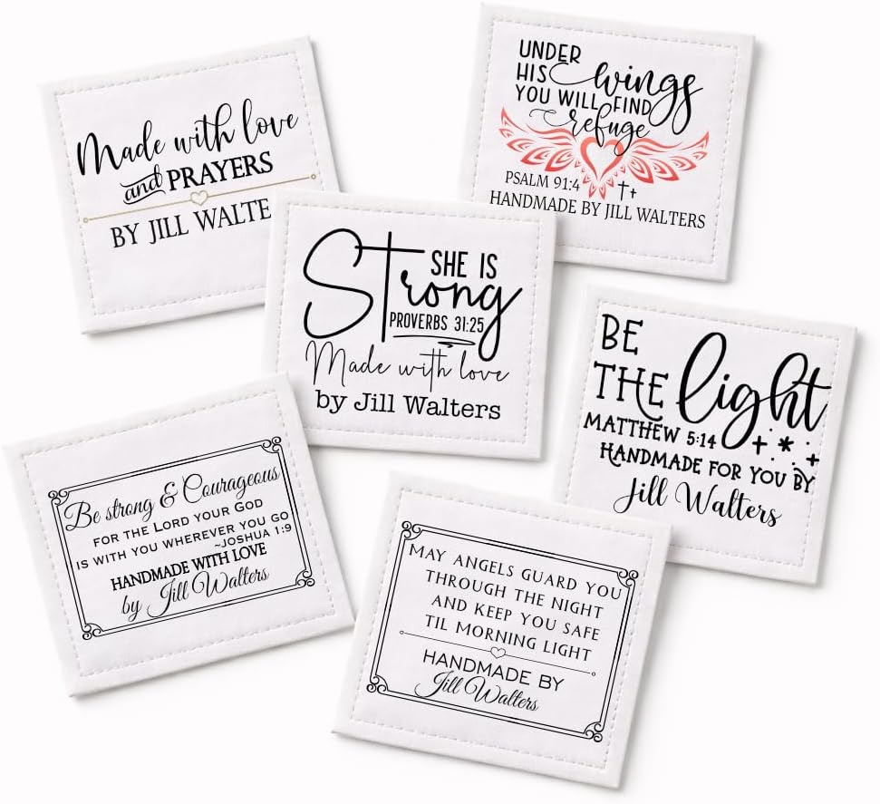 Personalized Christian Quilt Labels Set of 6 – Inspirational Bible Verse Fabric Quilt Labels – Custom Religious Quilt Tags for Handmade Quilts
