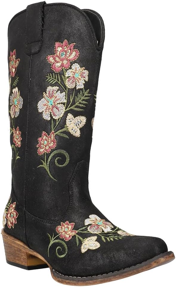 ROPER Womens Riley Floral Embroidered Snip Toe Casual Boots Mid Calf Low Heel 1-2" - Black