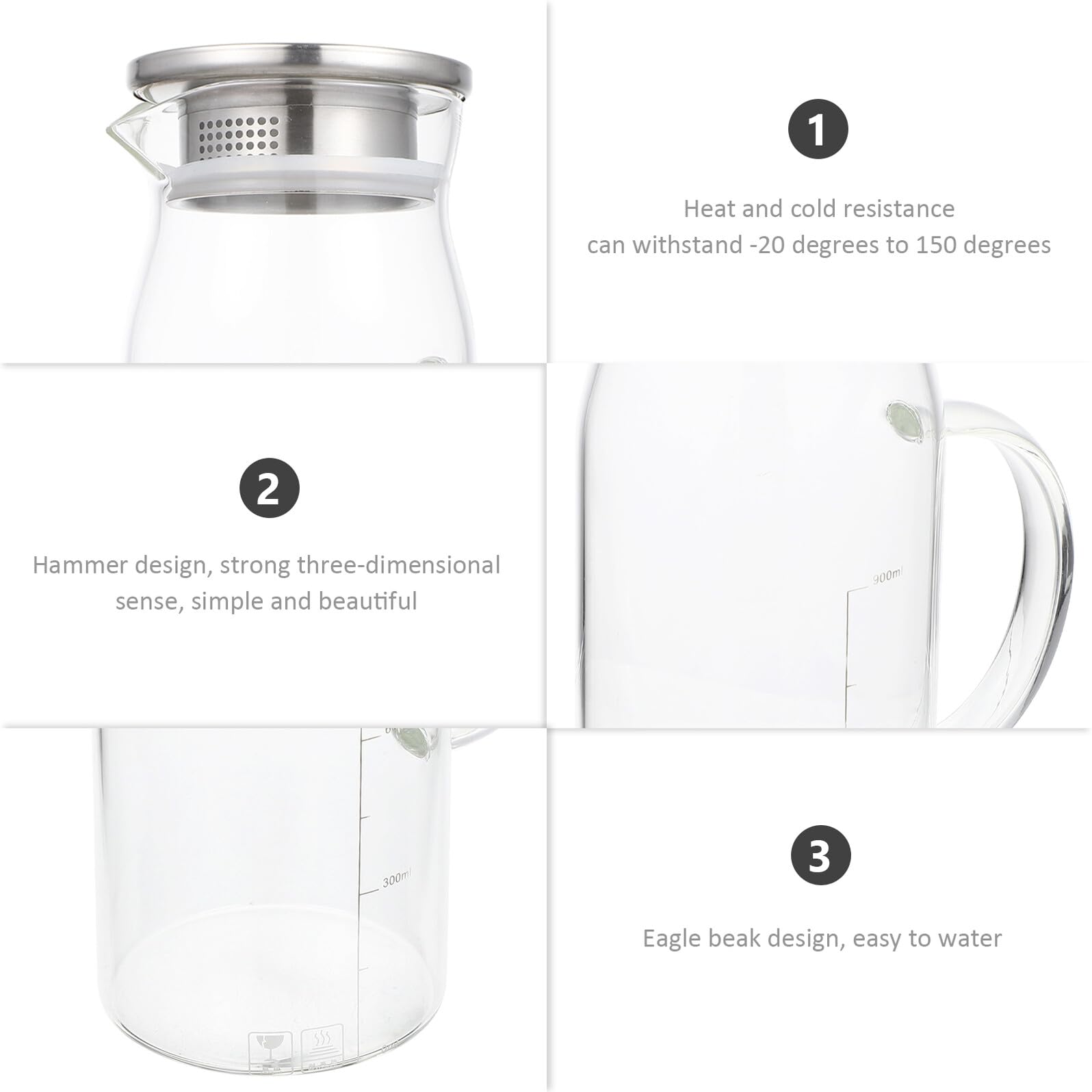 Hitzebeständiger Glas Wasserkrug 1200ml mit Edelstahl Deckel für Wasser | Geeignet für Eistee und Saft, Schlichtes Praktisches Design, Leicht zu Verstauen, für Zuhause