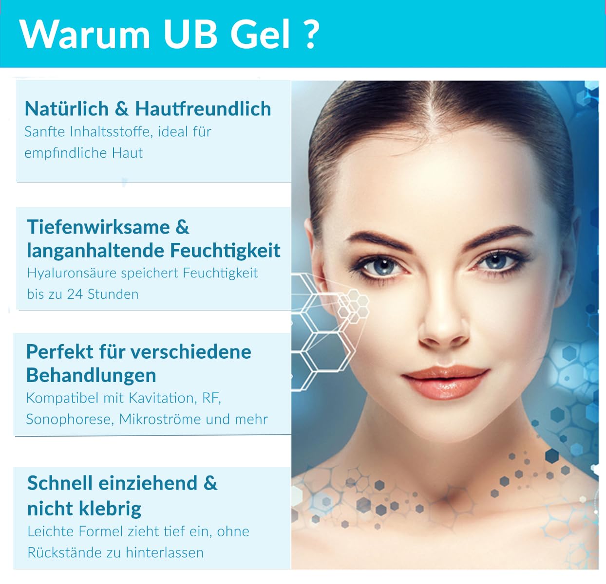 UB Hyaluron Ultraschallgel | Naturel Kontaktgel | Ultraschall Gel mit Hyaluronsäure | ✓ Ultraschallgerät ✓ Mikrostrom ✓ Radiofrequenz ✓ EMS | Feuchtigkeitsspendendes Leitgel für Gesicht & Körper