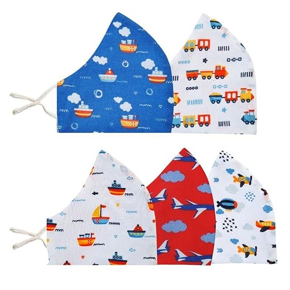 Baby Jalebi Kids Masks Vroom Zoom Super Soft Organic Cotton 3Ply Masks Set of 5 Masks With Extra Comfortable Stretch Jersey Elastic Ear Loops For Kids