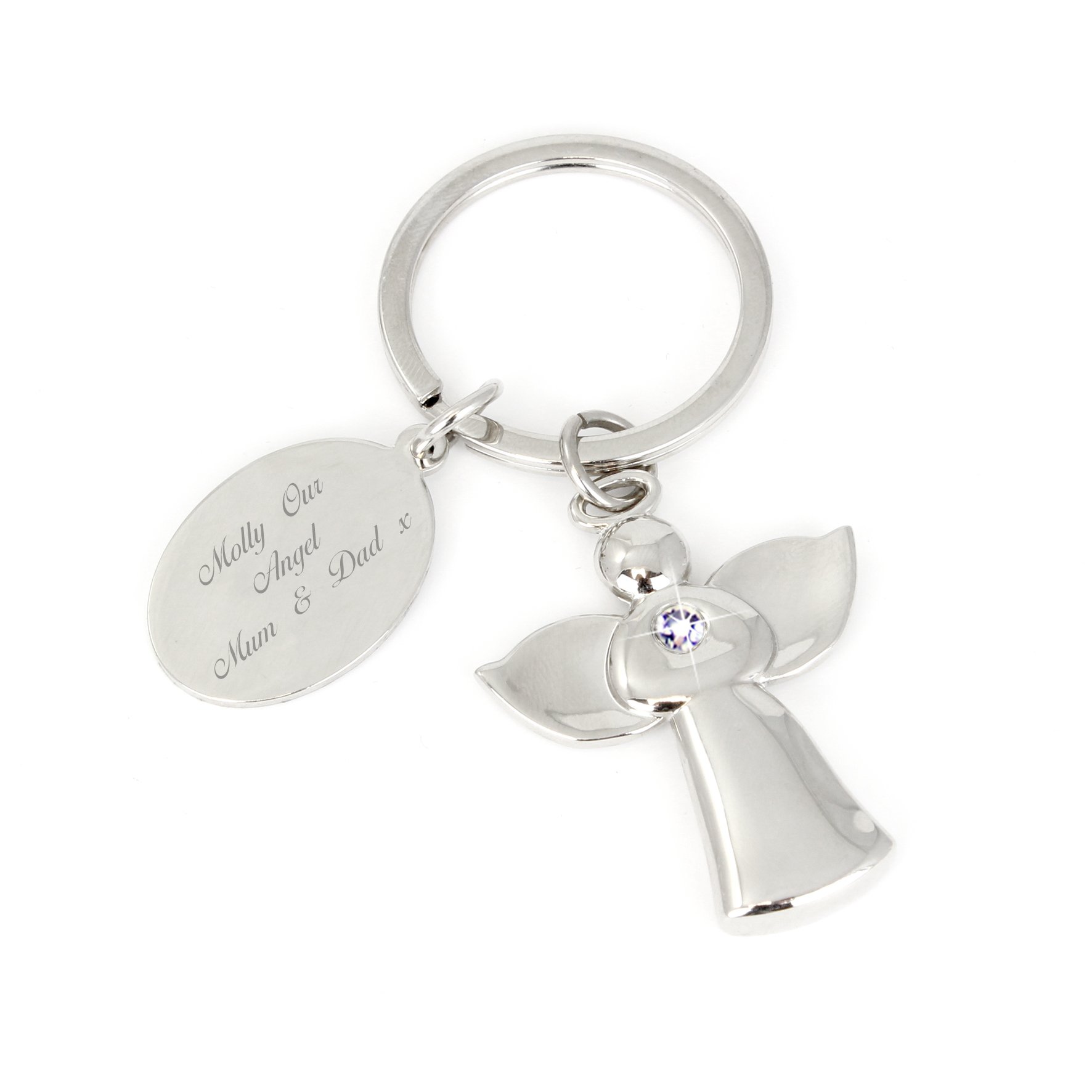 Custom Laser Engraved Personalised Guardian Angel Keyring with Clear Crystal. Remembrance, Birthdays, For Her.