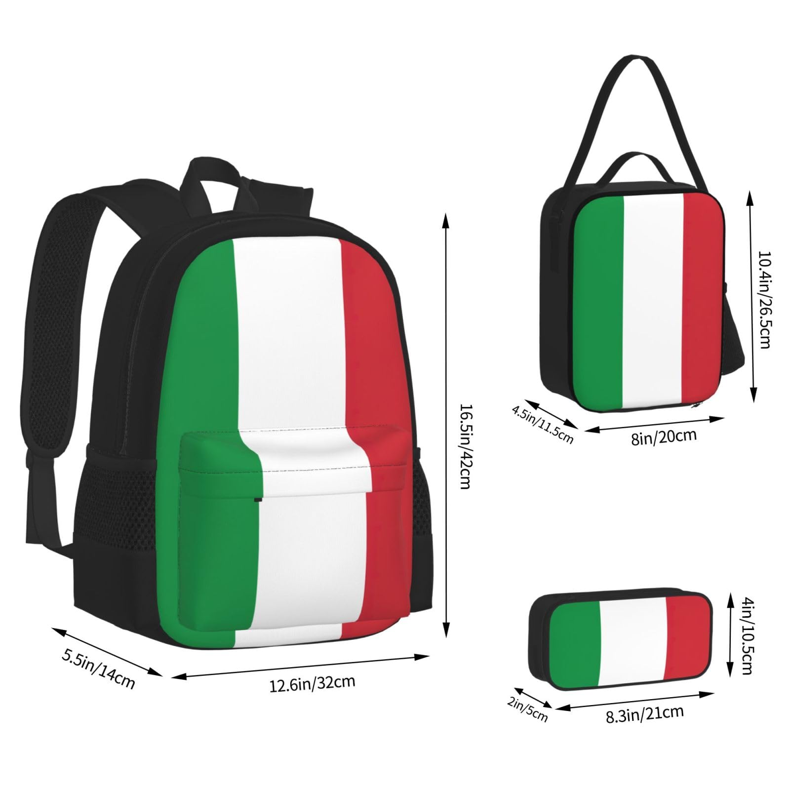 Włoska flaga plecak dziecko chłopcy dziewczęta pudełko na lunch szkoła torba zestaw uczniów szkoły student prezent, Czarny, One Size, Bagaż
