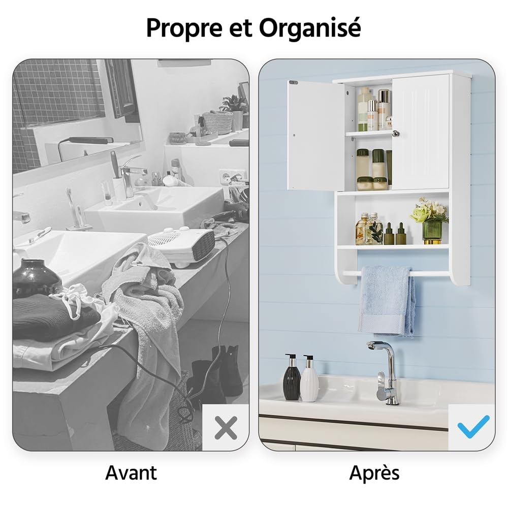 Yaheetech Armoire Murale Suspendus de Salle de Bain 48,5 × 14 × 73 cm, Armoire de Toilette avec Étagère Réglable, 2 Portes/Compartiment Ouvert/Porte-Serviette Blanc