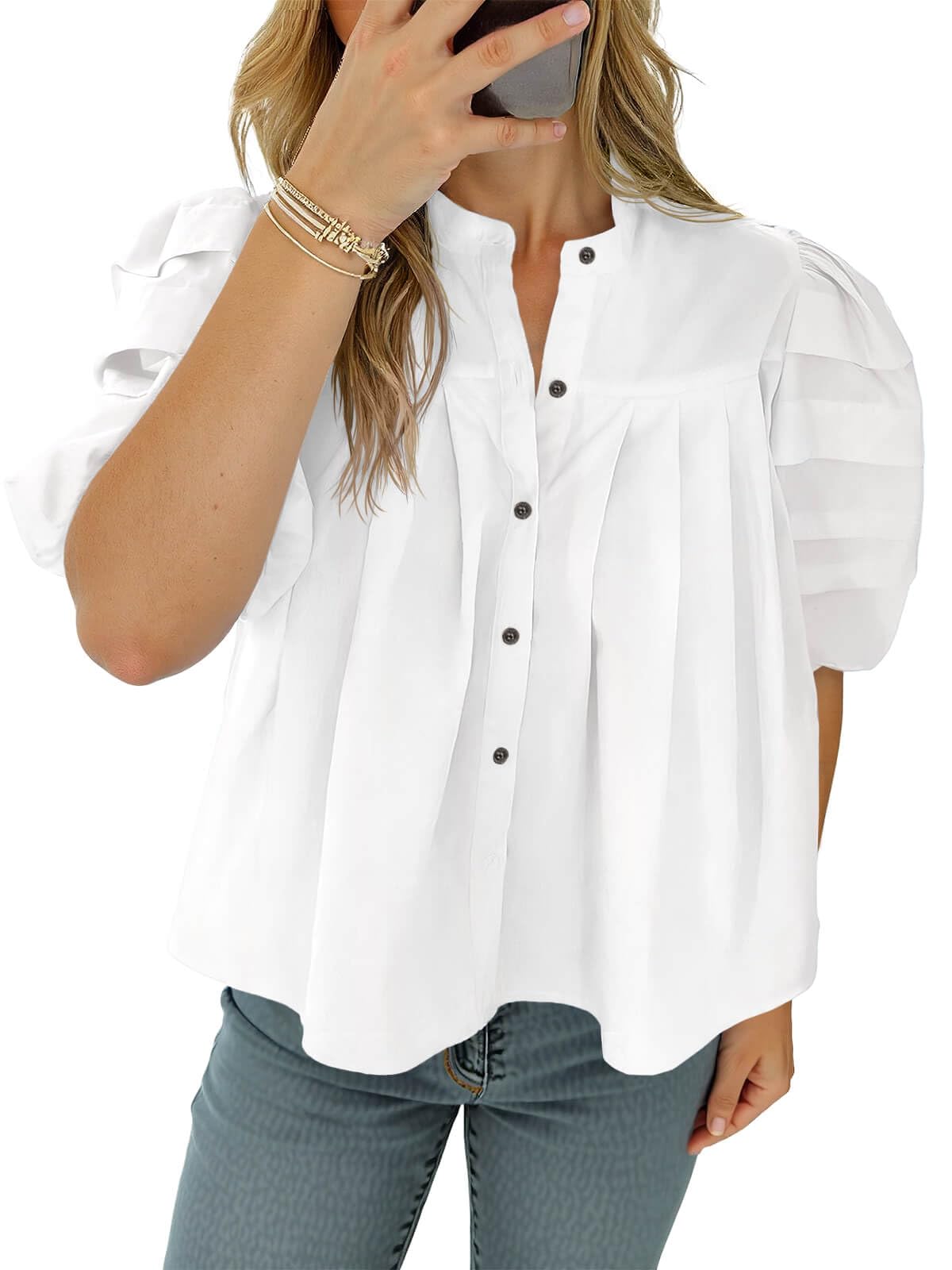 Tankaneo Camicette da donna a maniche corte con bottoni, in cotone, plissettate, alla moda, casual, vestibilità ampia