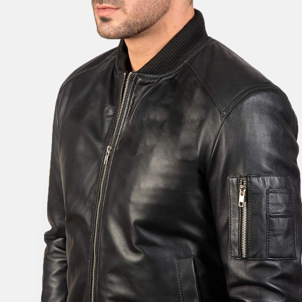 Bomia Ma-1 Black Leather Bomber Jacket (US, Alpha, X-Small 
