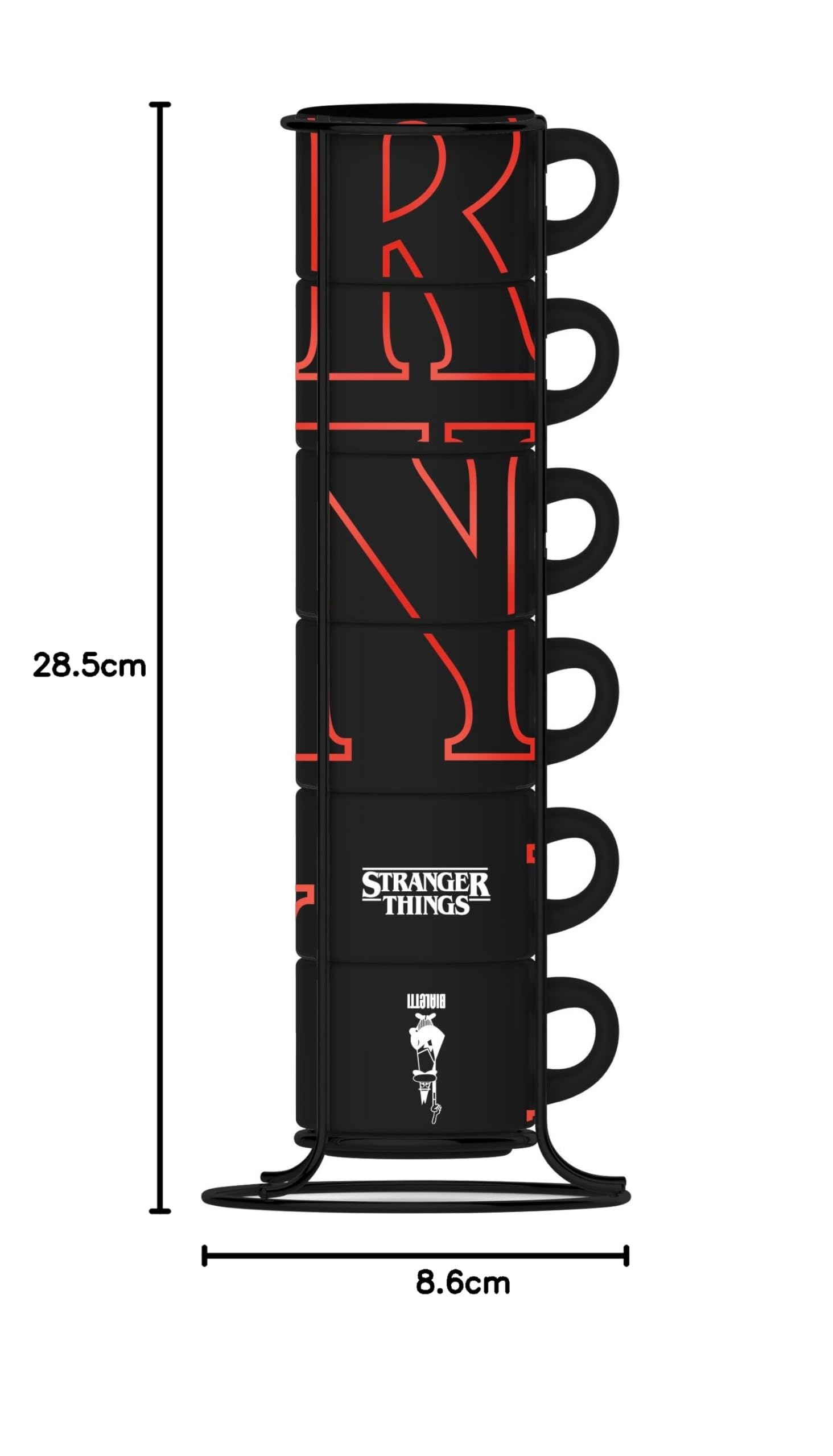 Bialetti Set de 6 tazas apilables Stranger Things – Fluorescentes, brillan y cambian de color en la oscuridad, no aptas para lavavajillas, 80 ml cada una, negro