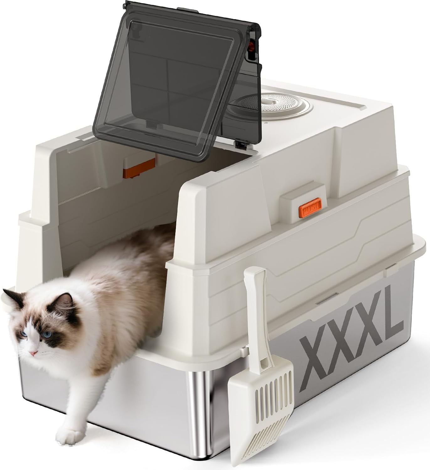 XXXL Stainless Steel Litter Box with Lid,28" L x 20.5" W x 16.5" H Extra Large Cat Litter Box Enclosure for Large and Multi-Cats Families,Non-Sticky, Anti-Leakage, Easy to Clean(White)