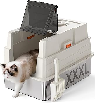 XXXL Stainless Steel Litter Box with Lid,28" L x 20.5" W x 16.5" H Extra Large Cat Litter Box Enclosure for Large and Multi-Cats Families,Non-Sticky, Anti-Leakage, Easy to Clean(White)