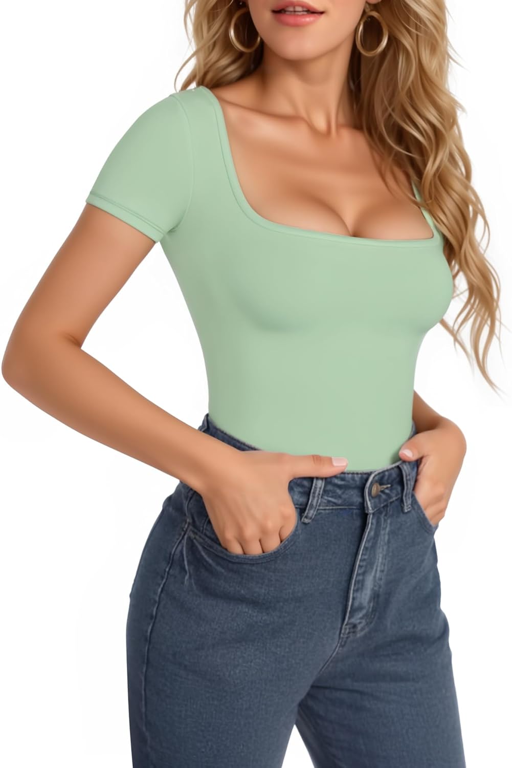 MANGOPOP Women's Square Neck Short Sleeve Long Sleeve Bodysuit Sexy Body Suits Shirt Slim Fitted Tops - Image 2