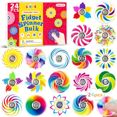 SCIONE Lot de 24 Fidget Spinners pour Enfants – Mini Hand Spinners Colorés, Jouets Sensoriels Arc-en-Ciel, Remplissage de Sachets pour Cadeaux d’Anniversaire,Récompenses de Classe (4cm)