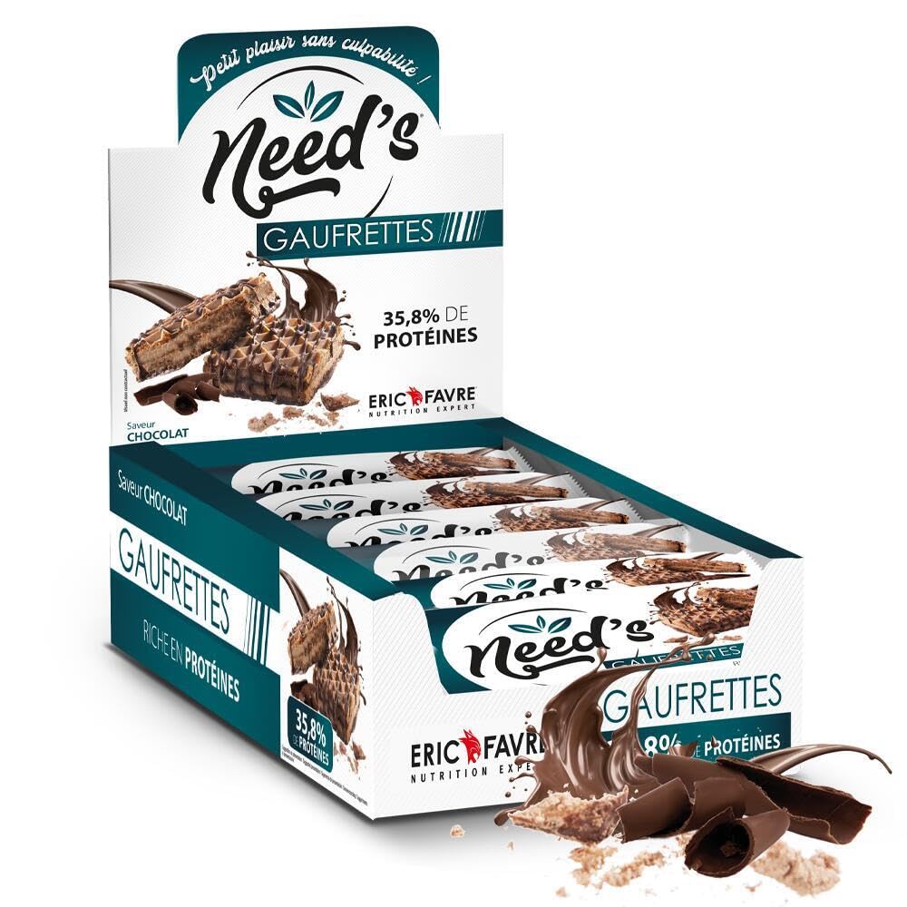 GAUFRETTES NEED’S CHOCOLAT PROTÉINÉES - Collation Sport - 15g de Protéines par Portion - Riche en BCAA - Avant ou Après Entraînement - Display 12x58g - Saveur Chocolat - Eric Favre