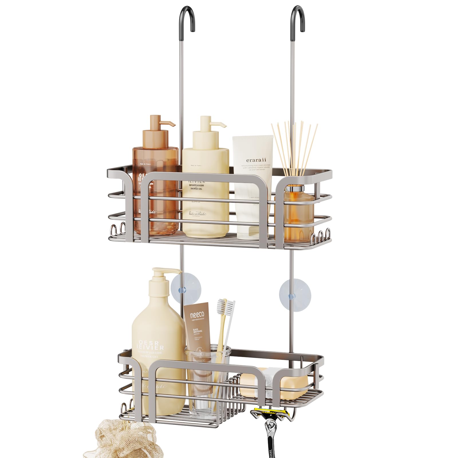 SWTYMIKI Shower Caddy Hanging Organiser - Over Door Shower Caddy with Soap Holder, 11 Hooks, 2 Installation Ways for Shower Organiser, Stainless Steel Shelf Hanging for Bathroom Shampoo, Conditioner