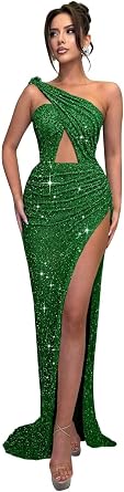 One Shoulder Sequin Prom Dresses for Women Long Mermaid Cutout Backless Formal Evening Party Gowns with Slit