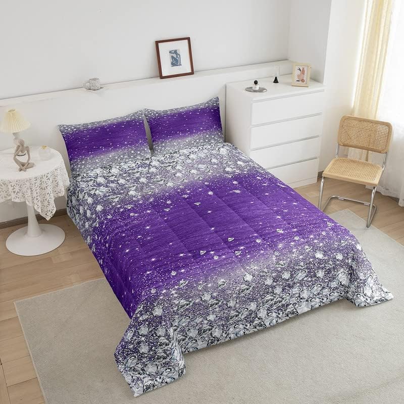 Miniatura 3 de Feelyou Juego de edredón brillante con estampado de purpurina (sin purpurina) con diamantes brillantes y degradados, color morado y plateado para