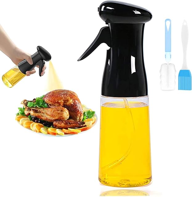 CBGGQ Olive Oil Sprayer, Oil Spray for Cooking, BBQ Cooking Spray Bottle, 7 oz / 210 ml Oil Sprayer Bottle, for Kitchen, Cooking, BBQ, Baking, Grilling, Roasting, Salad, with Brush (Black)