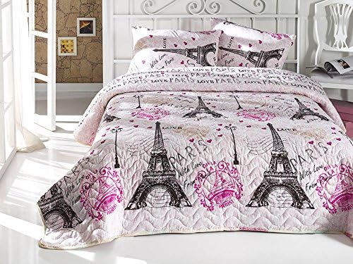 DecoMood with Love from Paris Bedding, Full/Queen Size Bedspread/Coverlet Set, Eiffel Tower Themed Girls Boys Bedding, 3 PCS, Pink