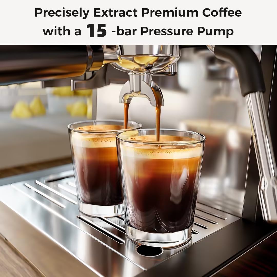 Kismile - Macchine per espresso con frantoio, macchina per caffè espresso professionale da 15 bar con serbatoio dell'acqua rimovibile, funzione acqua calda, montalatte asta di vapore per