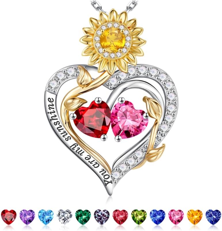 Iefil Valentines Day Gifts for Her - 925 Sterling Silver Sunflower Double Birthstone Necklace for Women, Anniversary Birthday Gifts for Wife, You Are My Sunshine Necklaces, Jewelry for Wife Mom