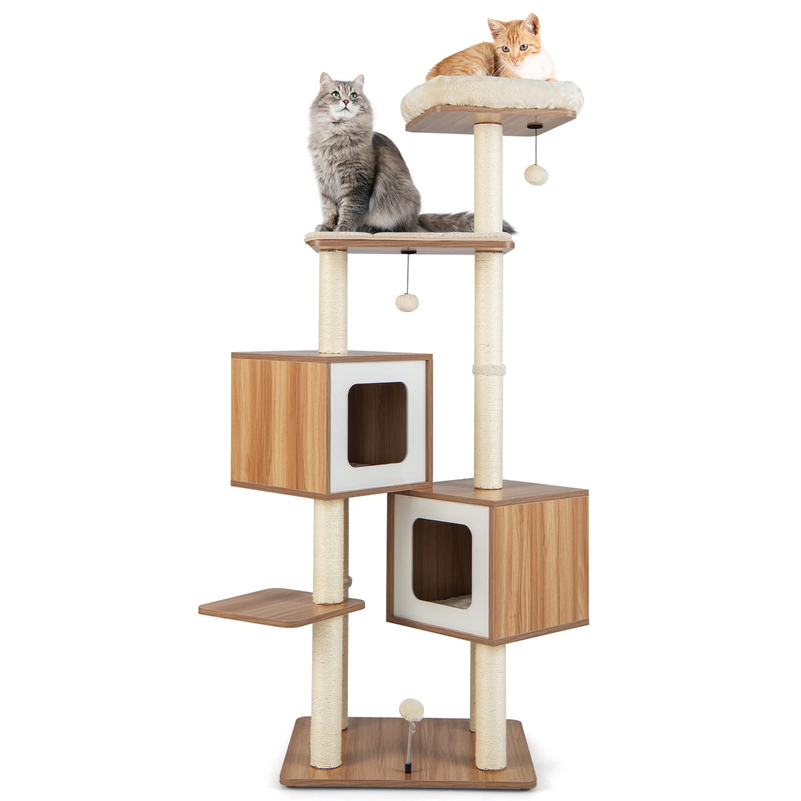 GOPLUS Árbol para Gatos de Varias Capas de 163 cm, Torre de Actividades para Gatos Escaladores en Interiores con Postes para Rascar, Plataforma Acolchada, 2 Condominios, 3 Bolas