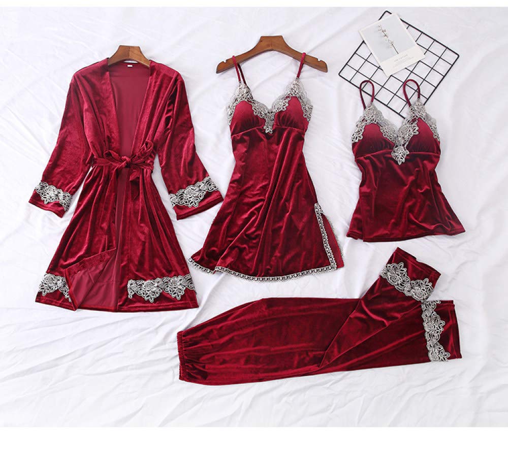 YUHOOE Damen-Pyjama,4 Stück Sets Herbst Winter Samt Pyjama Für Frauen Pyjama Warme Nachtwäsche Pyjama Mit V-Ausschnitt Mujer Pijama Brustpolster Rot, L.
