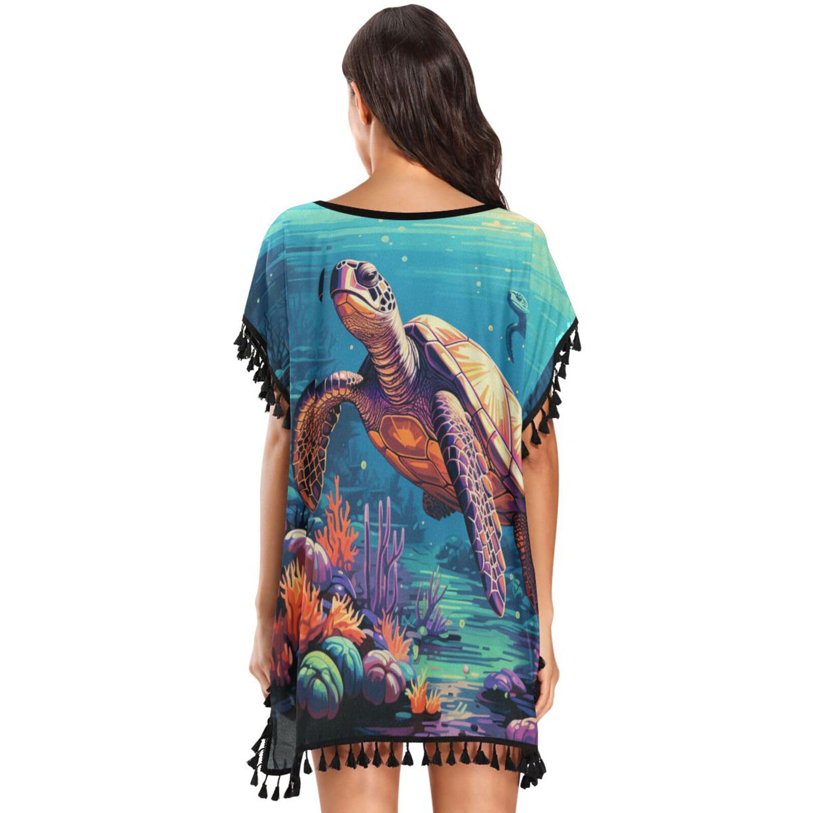 Colorful Sea Turtles Blue Art Women's Beach Cover Up Chiffon Tassel Swimwear Swimsuit Coverups for Girl