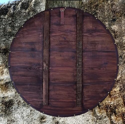 Ręcznie wykonana drewniana tarcza w średniowiecznym stylu do rekonstrukcji historycznych, LARP i dekoracyjnej ekspozycji - autentyczny design z - idealna do cosplay, średnica 61 cm,