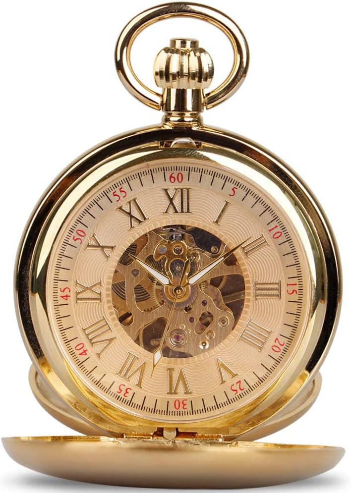 TiongVintage Mechanical Pocket Watch Unique Tourbillon Moon Phase Roman Numerals Scale Double Hunter Pocket Watches & Gift Box