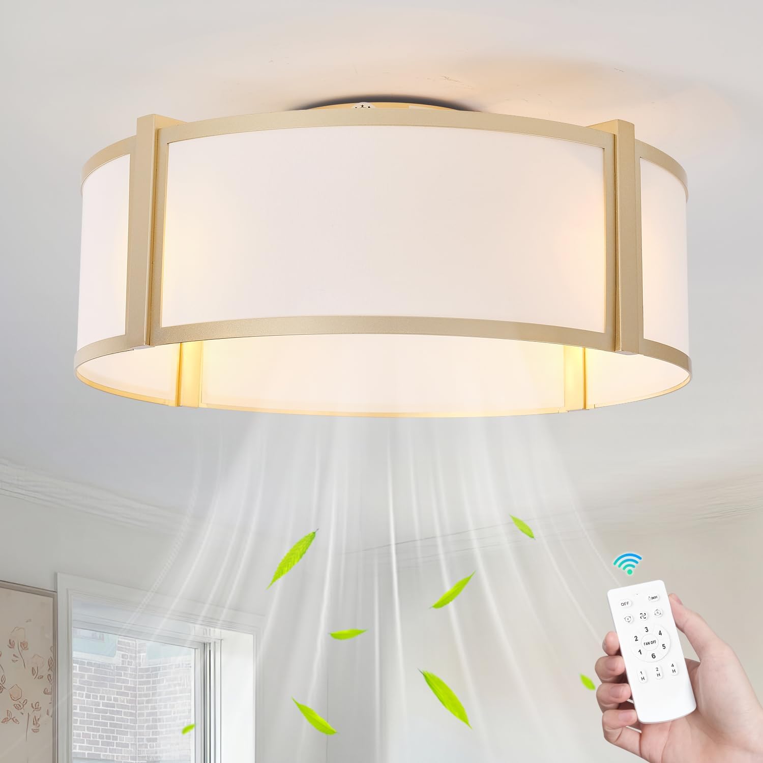 Gold Caged Ceiling Fan with Light, 20" Flush Mount Boho Ceiling Fans with Lights Remote Control, Low Profile Fabric Bladeless with 6 Speeds for Bedroom, Nursery, Living Room