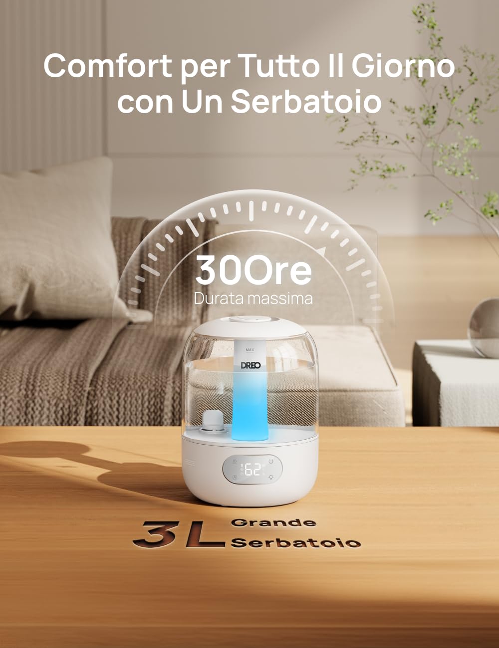 DREO 3L Umidificatore Ambiente Bambini Silenzioso 26dB, Ultrasuoni Nebbia Fresca, Ugello 360°, 30h Autonomia, Diffusore Oli Essenziali, Luce Ambientale, per Casa e Piante, Bianco