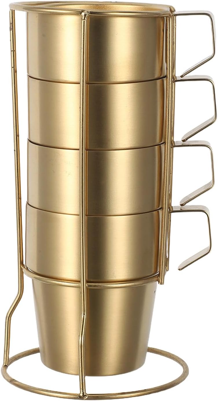 Double Wall Insulated Stainless Steel Coffee Mugs with Handle 300ml 4pcs Set with Stand Rack, Stackable Hot and Cold Beverage Cups for Travel Camping