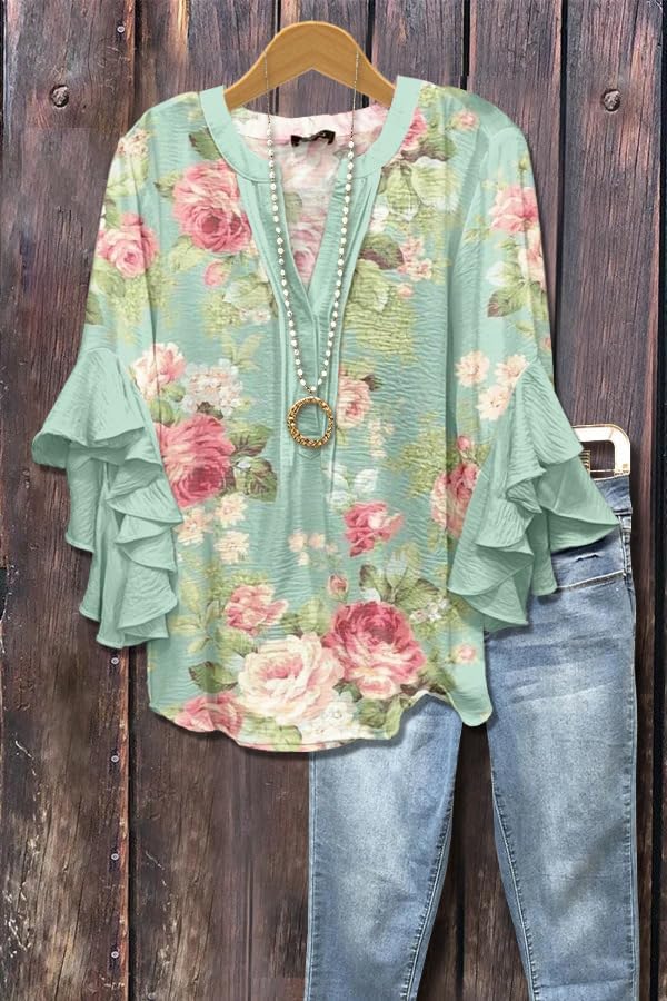 Women's Summer Colorful Boho Floral Printed V-Neck Ruffle Bell Sleeve Tops Dressy Casual 2025 - Image 2