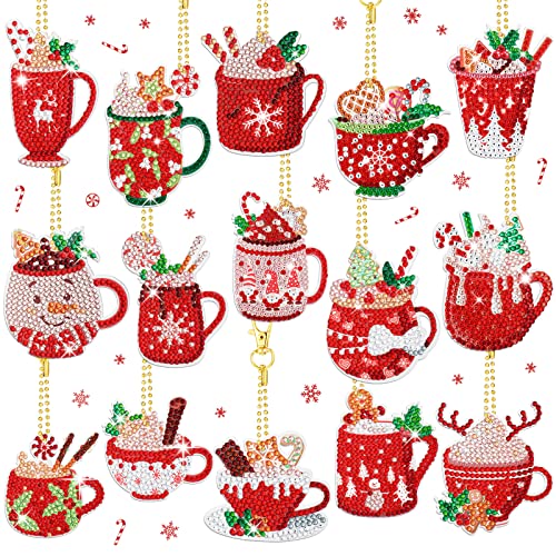 BBTO 15 Pcs Diamond Art Christmas Ornaments Kits Hot Cocoa Diamond Painting Keychains DIY Holiday Hanging Keychain Ornaments for Adults Crafts Gifts