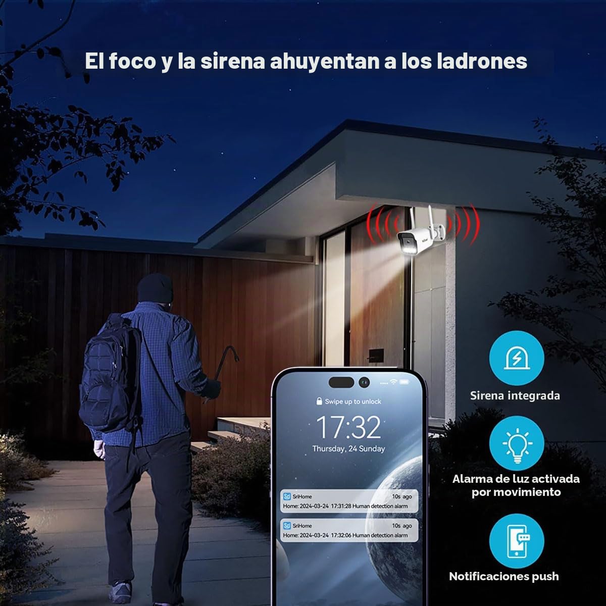 SRIHOME Sricam SP007-S Cámara de Vigilancia WiFi Exterior, Visión Nocturna, HD 3MP Impermeable IP66, Seguridad Exterior, Detección de Movimiento, Email Alarma Compatible con iOS Android y Windows PC