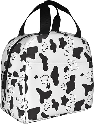 Miniatura 9 de Bolsa de almuerzo con estampado de vaca en blanco y negro para mujeres y hombres, contenedor con aislamiento de vaca Kawaii con bolsillo frontal