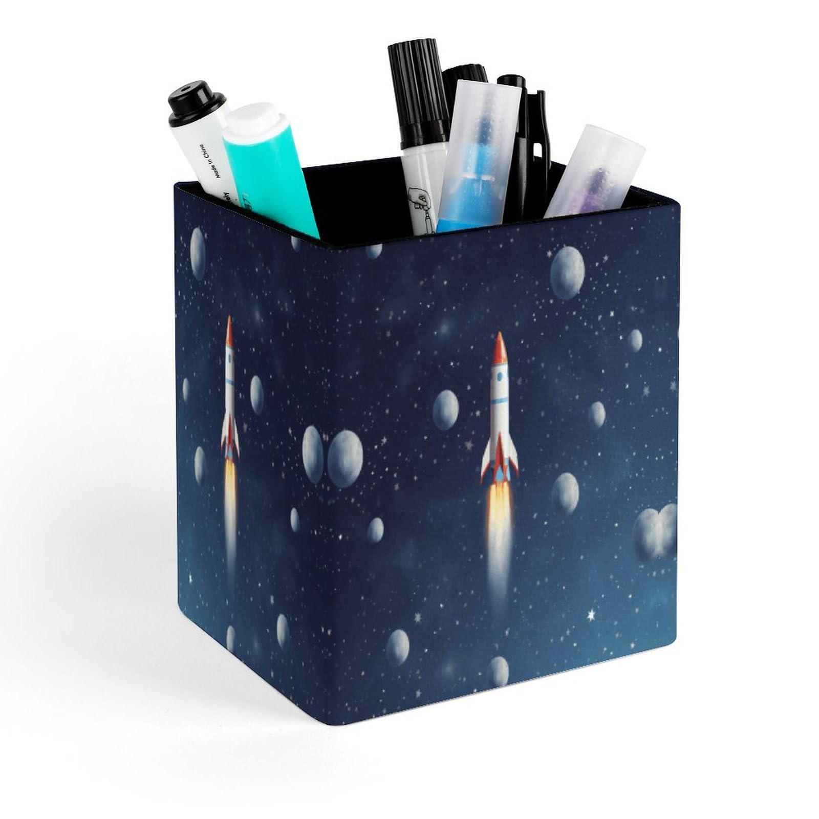 VstaDank Rocket in Space Pen Holder Square Pencil Holder Leather Pencil Cup Pen Organizer Makeup Brush Holders Pen Cups Desktop Stationery Organizer for Home Office Desk Organizers