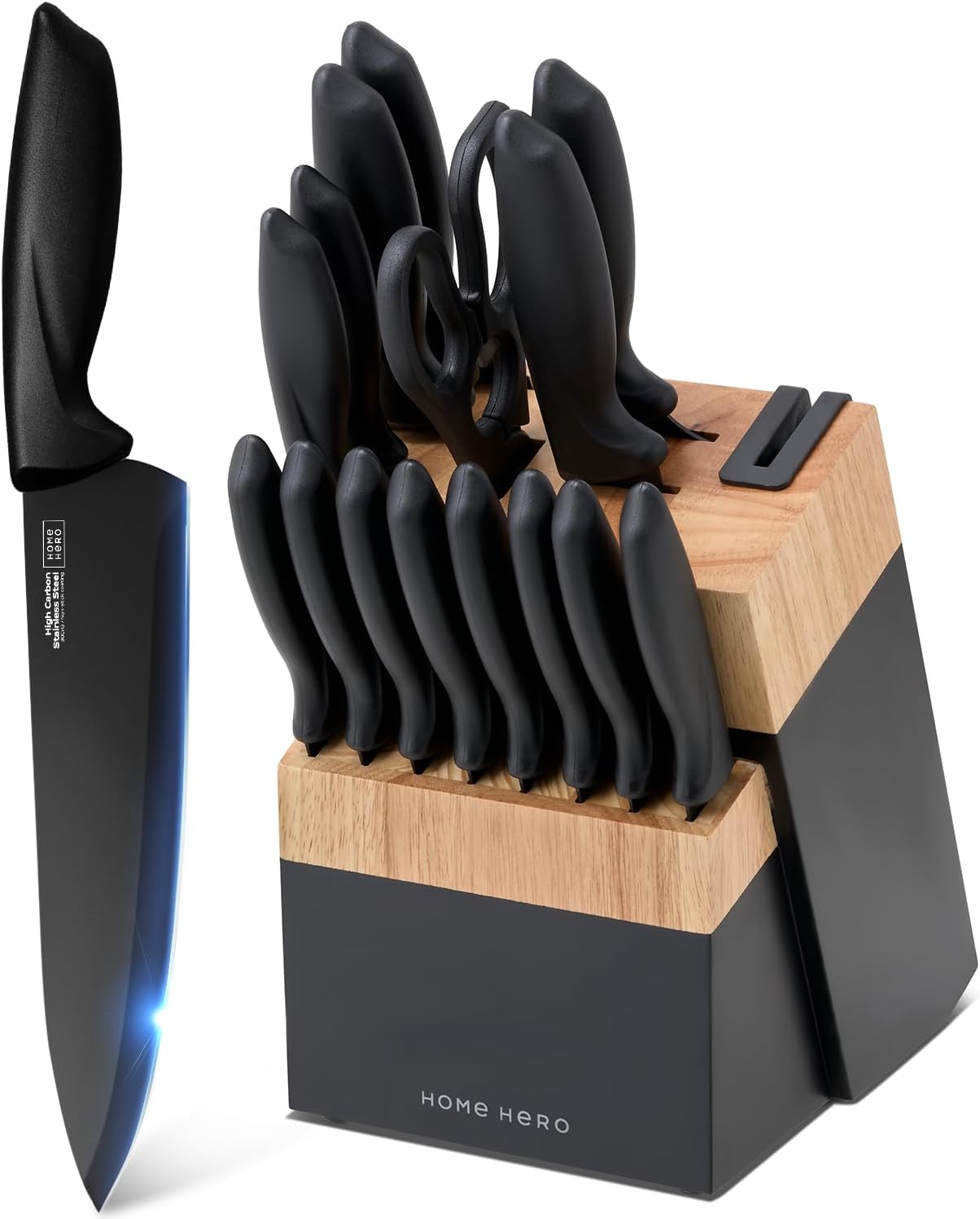 Home Hero Kitchen Knife Set with Sharpener – High Carbon Stainless Steel Knife Block Set with Ergonomic Handles (16 Pcs – Black/Wood) Home Hero Kitchen Knife Set with Sharpener – High Carbon Stainless Steel Knife Block Set with Ergonomic Handles (16 Pcs – Black/Wood)