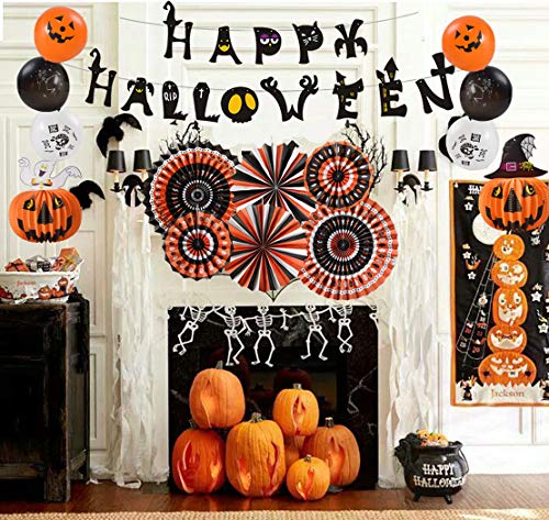 Halloween Party Supplies Hanging Paper Fans Honeycomb Balls Tissue Pom Pom Banner Tassel Garland Balloon Set Decoration Black Orange (Halloween Style 2) #TOP6