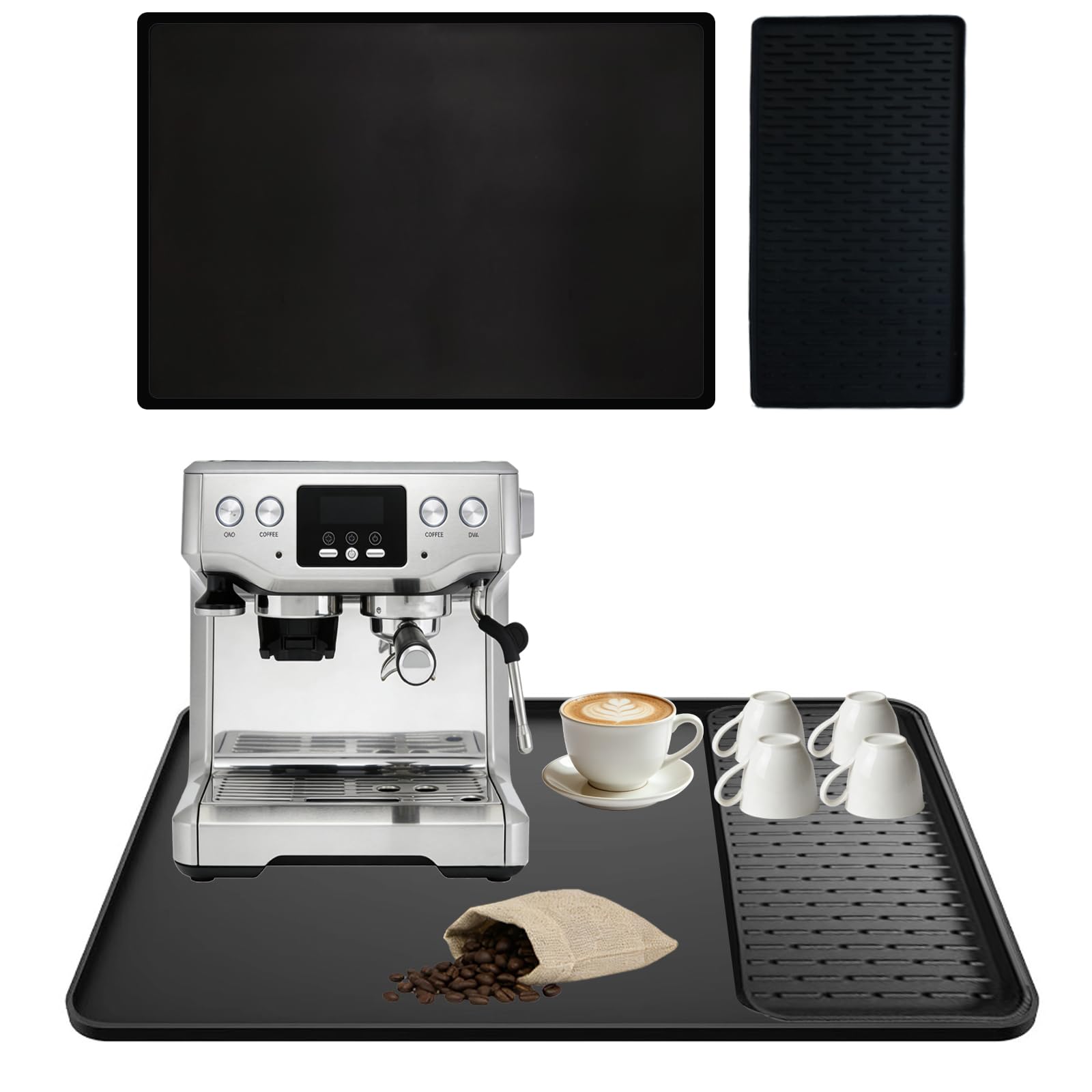 Coffee Machine Mat Large 60x40cm 24"x16" Silicone Coffee Mat with Removable Coffees Tamper Pad Dish Drying Mats Machines Maker Tray Raised Edges for Kitchen Countertop Coffees Bar Stations Cafe Black