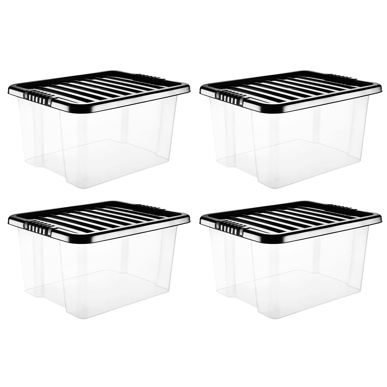 STASH’D STORAGE 30L or 50L Plastic Storage Box with Lid – Pack of 3 or 4 Stackable Large Clear Storage Boxes – Durable for Home, Office & Garage Organisation (Black, 30 Litre (4 Pack))