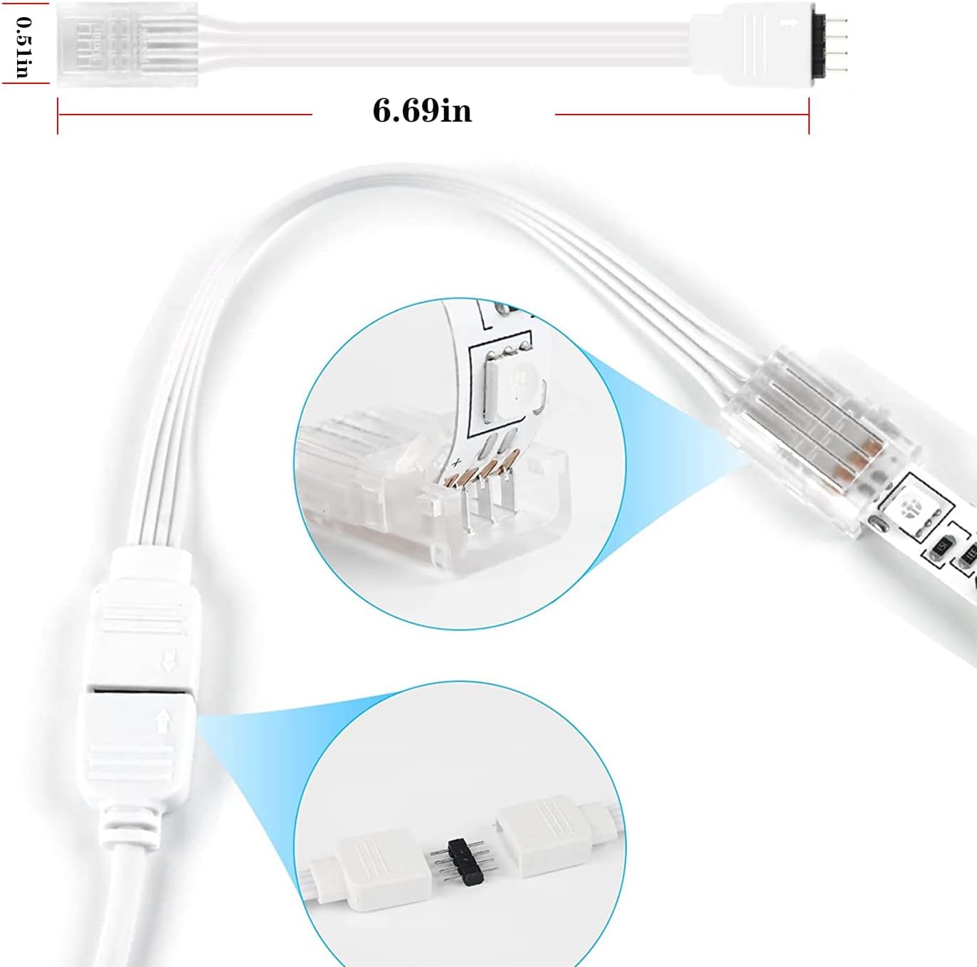 4 Pin LED Lights DIY Accessories Solderless Transparent Track Lighting Connector with Extension Cable,Strip to Controller Jumper for 10mm RGB LED Lights Strip