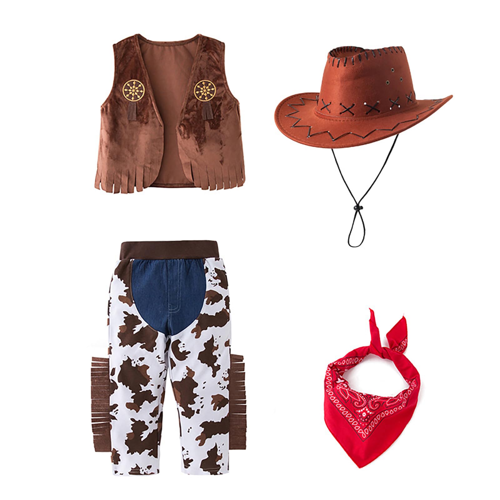 Deguisement Costume de Cowboy avec Bandana Rouge, Pantalon, Gilet et Chapeau, Déguisement Cowboy Enfant Garcon, Garçon Déguisements Cowboys Costume Barboteuse Carnaval Tenues Halloween Noël