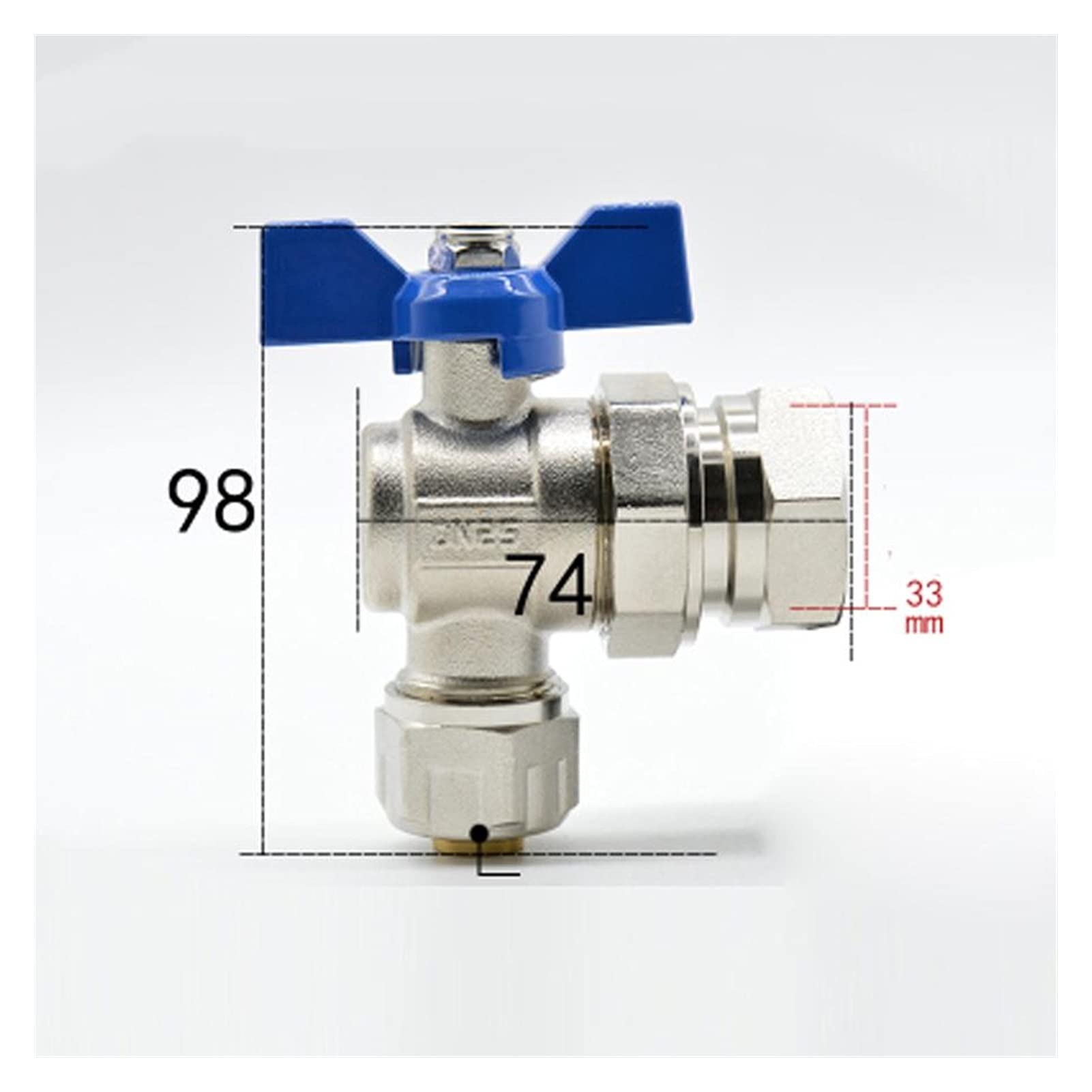 Valvola a sfera ad angolo in ottone nichelato con tubo da 20/25 mm femmina 1 pollice maniglia blu for collettore principale dell'acqua