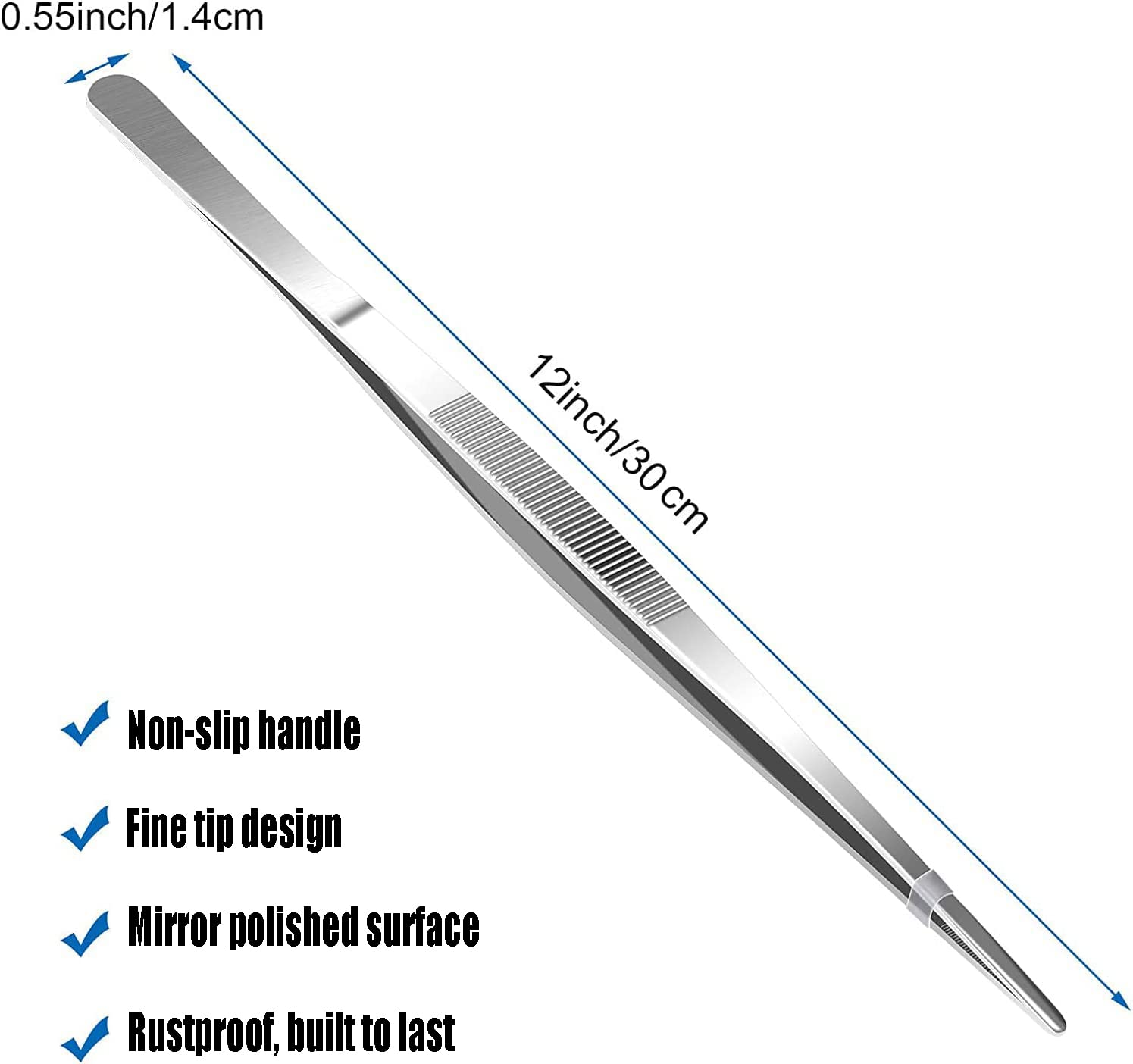 2 pinzas de cocina de acero inoxidable, pinzas finas culinarias de 12 pulgadas, pinzas de alimentos para cocinar pinzas con puntas dentadas de precisión para alimentos quirúrgicos y marinos (30 cm)