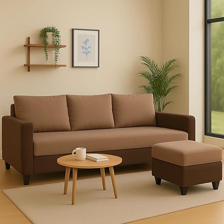 FURNY Chromano Fabric 4 Seater L Shape Sofa Set 3 Seater Modern Sofa Set & Ottoman for Living Room (Dual Brown Color)