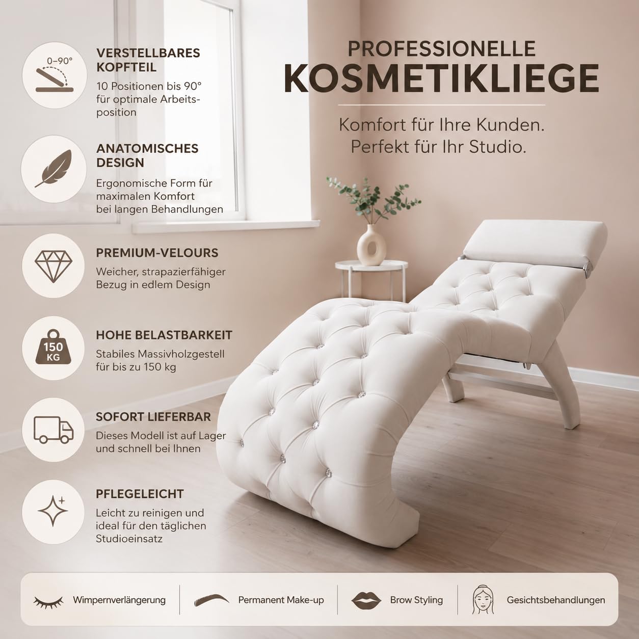 Kosmetikliege aus Velours mit verstellbarem Kopfteil, 175 × 70 cm, Behandlungsliege für Wimpernverlängerung, PMU, Kosmetikstudio, Weiß, sofort lieferbar